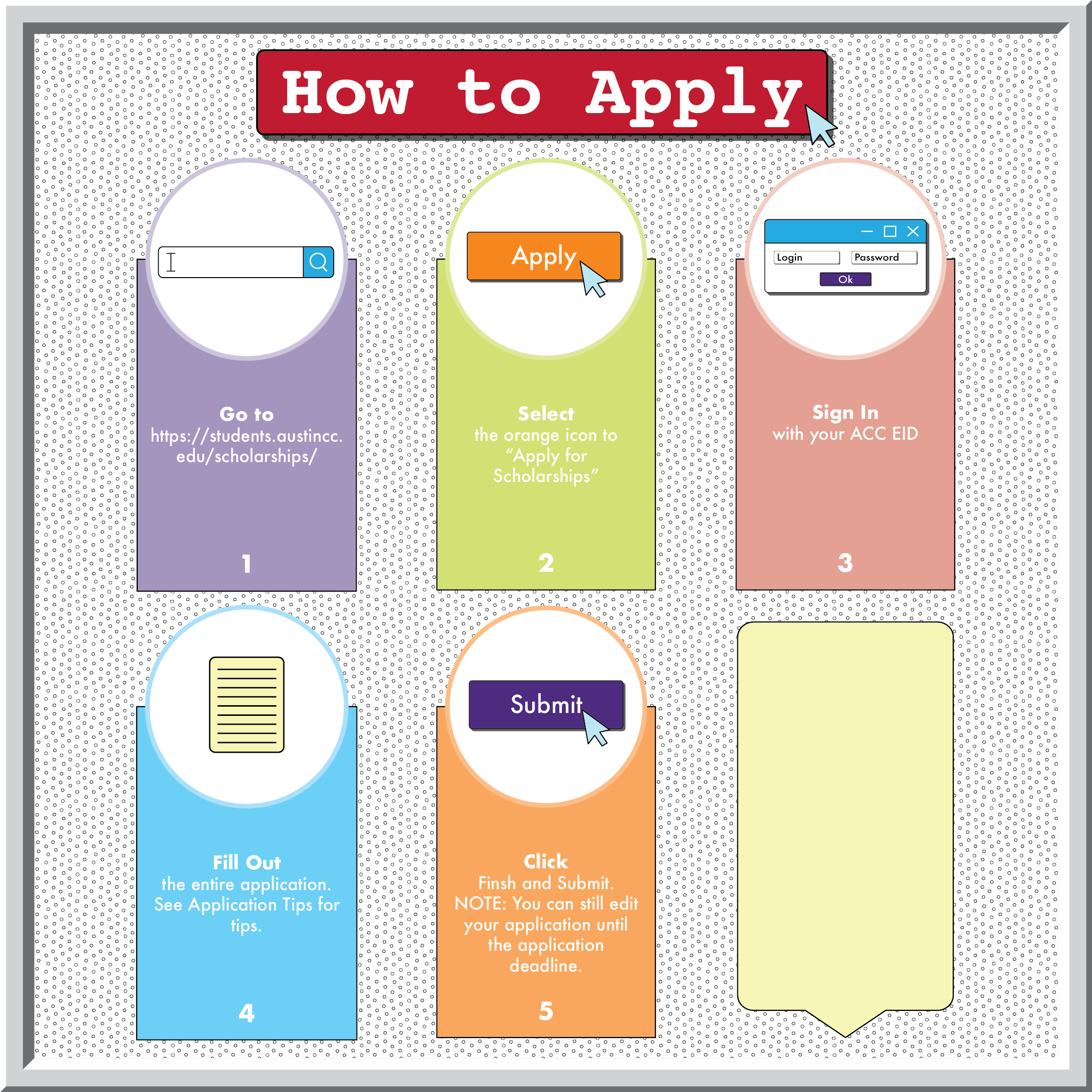 How to apply

Step 1: Go to students.austincc.edu/scholarships

Step 2 - Click the 'Apply for Scholarships' button

Step 3 - Sign in with your ACC EID

Step 4 - Fill out the entire application

Step 5- Click Submit.

Note - You can still edit your application until the application deadline
