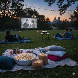 Outdoor movie with a picnic blanket and snacks.