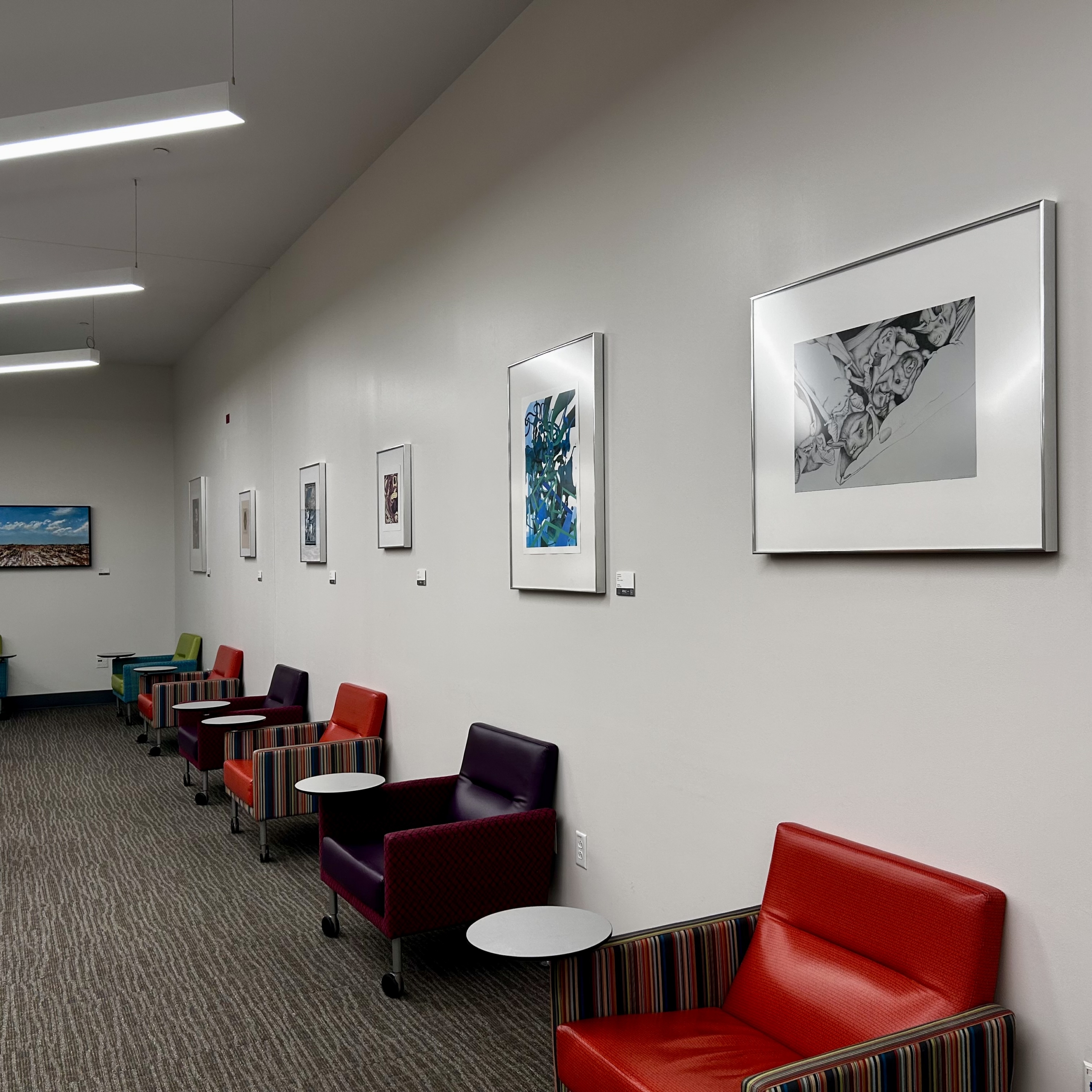 Image of artworks from the Permanent Collection on display in the ACC Highland campus library, downstairs in building1000.
